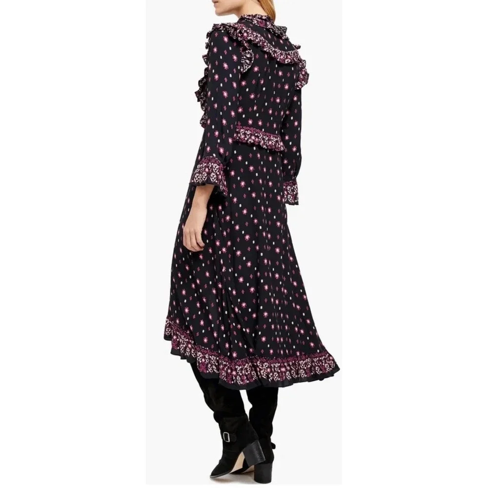 Free‎ People Women Midi Dress Black Floral Calico Skies Cottagecore Boho Sz S